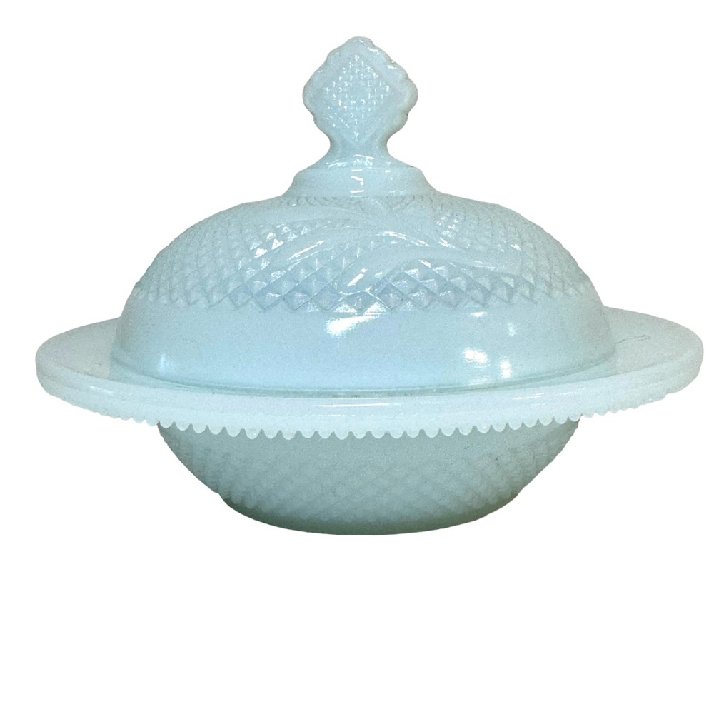 Vintage Opalescent Blue Lidded Glass Dresser Candy Biscuit Jar Diamond